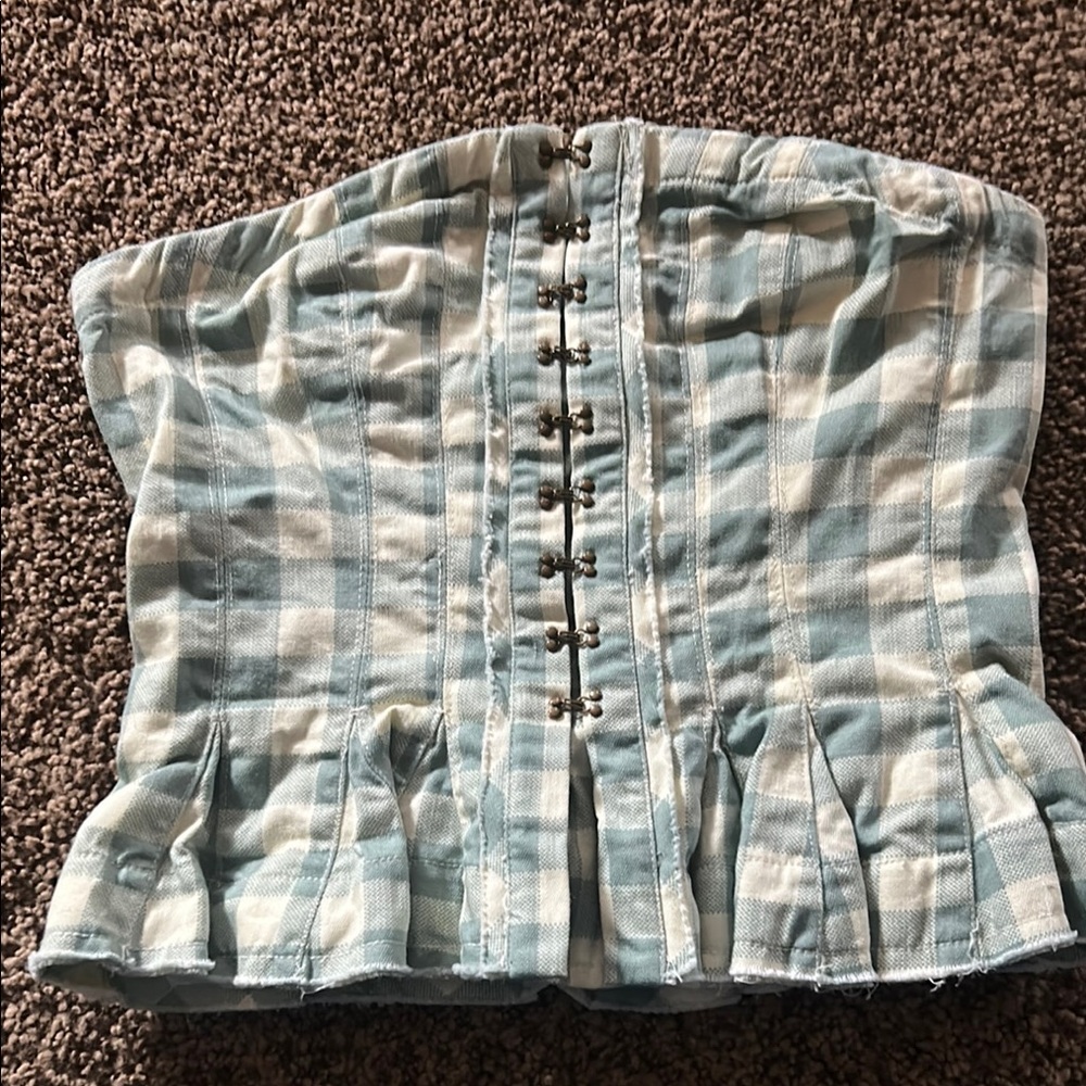 Free People Blue and White Plaid Crop Top Corset XS